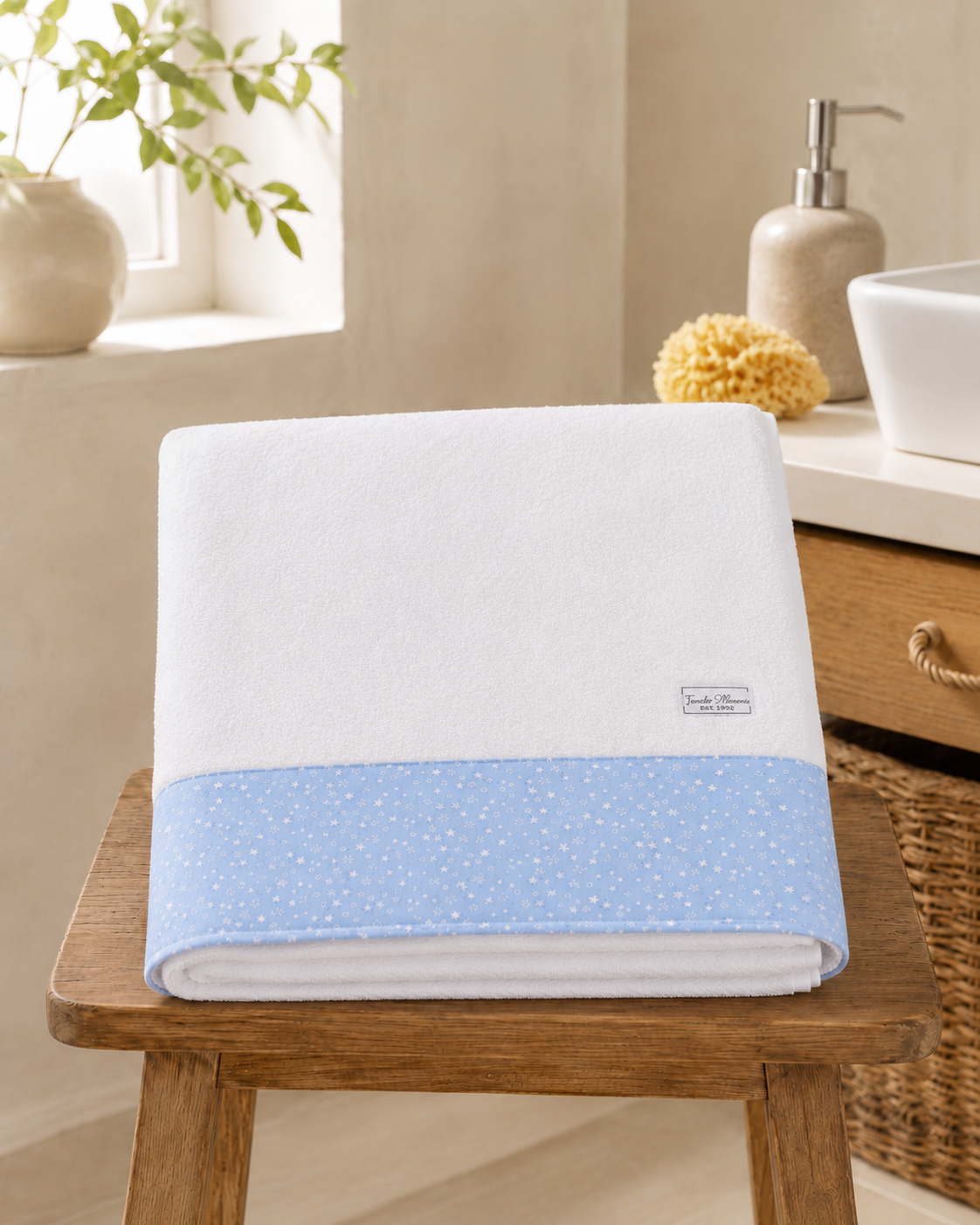Telo Mare / Telo Bagno Bambino Tessuti d’Amore con Fascia Fantasia Stelline Azzurre Personalizzabile – 115x80 cm