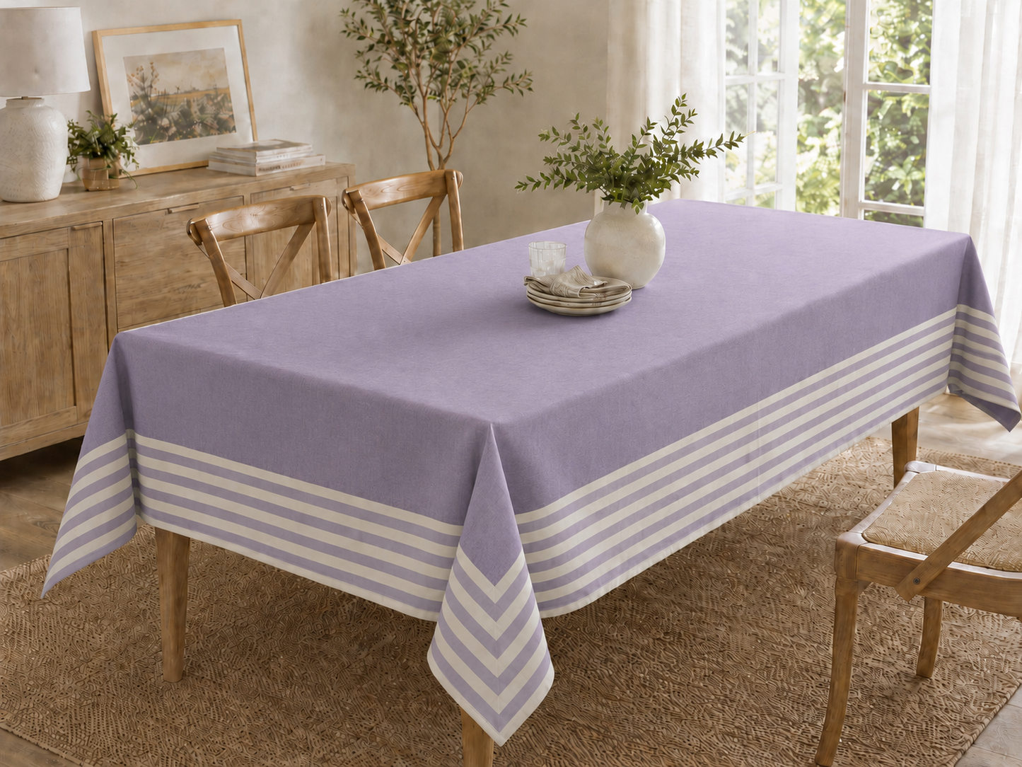 Tovaglia da Tavola 260x140 cm Centro Tinta Unita e Balza a Righe Tessuti d'Amore - 12 Posti