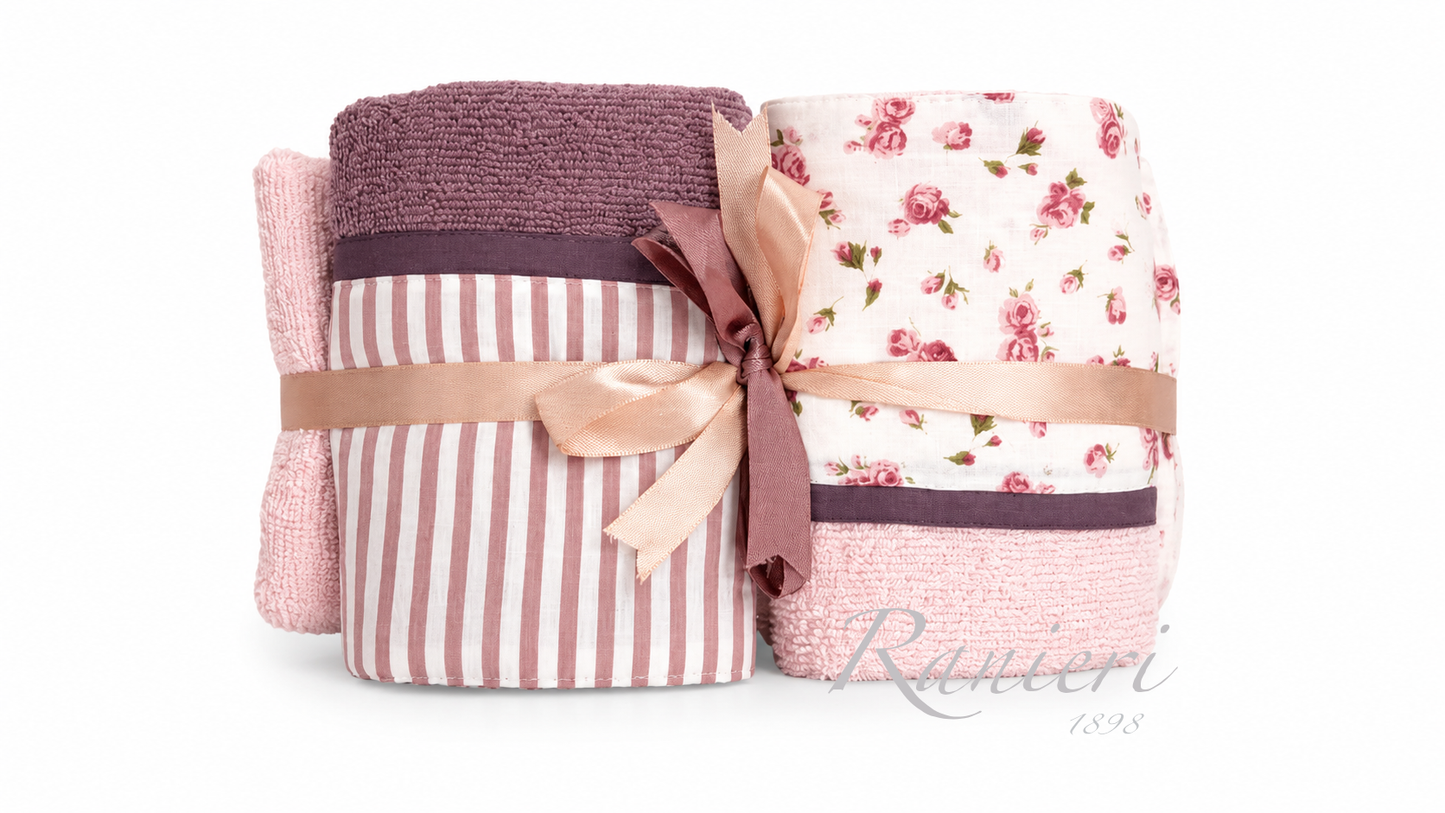Set Asciugamani 2+2 in Spugna Fantasia Roselline e Righe Rosa – Chiara Fedi
