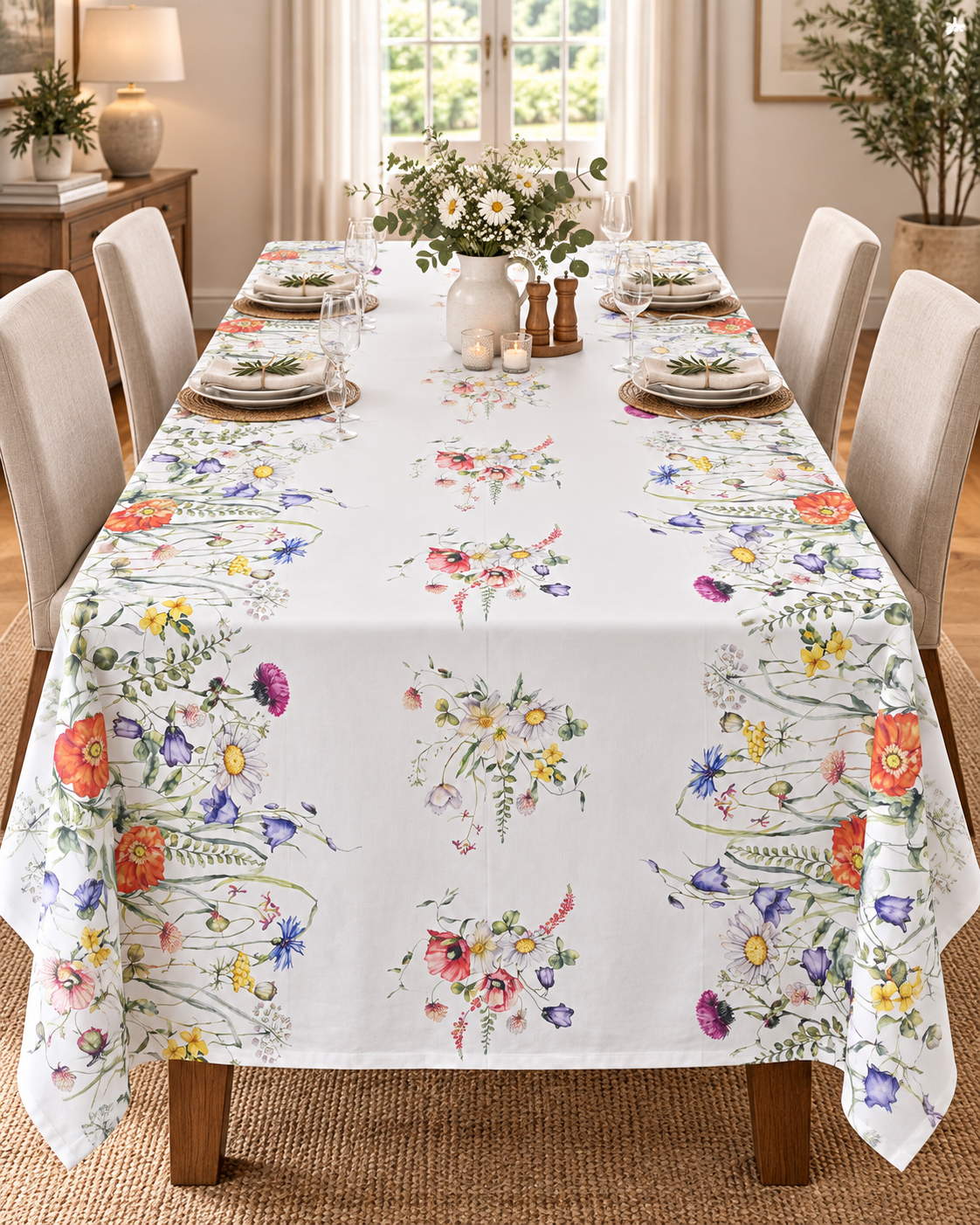 Tovaglia da Tavola 12 Posti Tessuti d’Amore Art. Fiori di Campo – 100% Cotone 140x280 cm