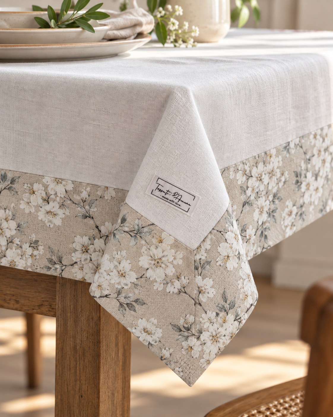 Tovaglia da Tavola 280x145 cm con Balza Floreale Beige Tessuti d'Amore – 12 Posti – Cotone