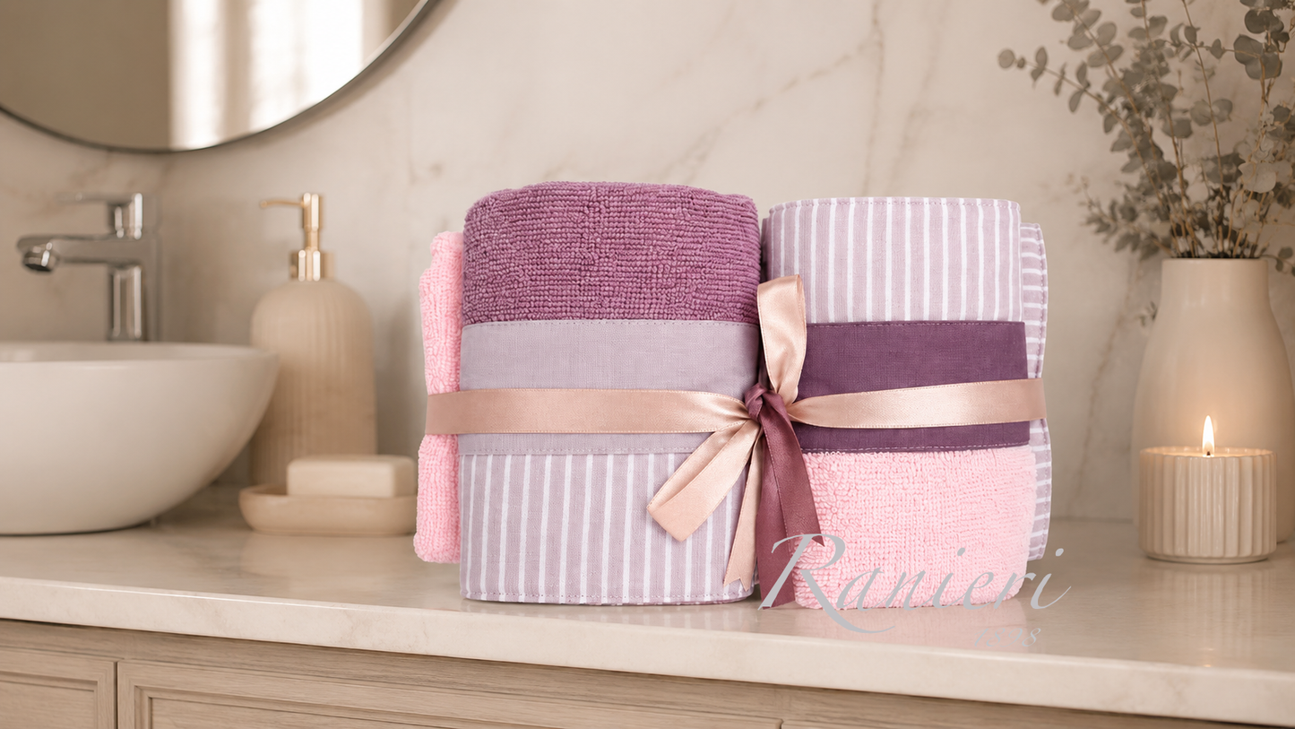 Set Asciugamani 2+2 in Spugna Fantasia Righe Lilla e Rosa – Chiara Fedi