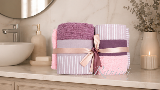 Set Asciugamani 2+2 in Spugna Fantasia Righe Lilla e Rosa – Chiara Fedi