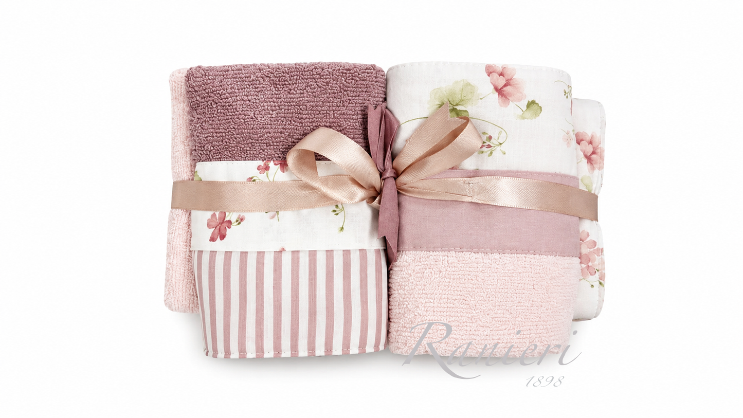 Set Asciugamani 2+2 in Spugna Fantasia Roselline Rosa – Chiara Fedi