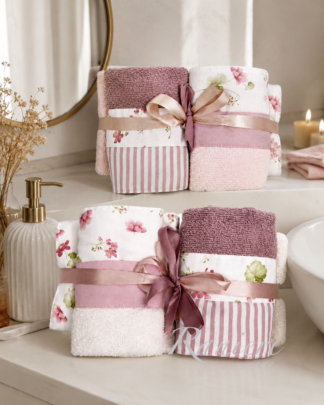 Set Asciugamani 2+2 in Spugna Fantasia Roselline Rosa – Chiara Fedi
