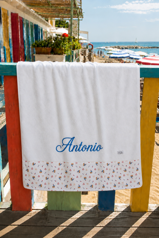 Telo Mare / Telo Bagno Bambino Tessuti d’Amore con Fascia Fantasia Marina Personalizzabile – 115x80 cm