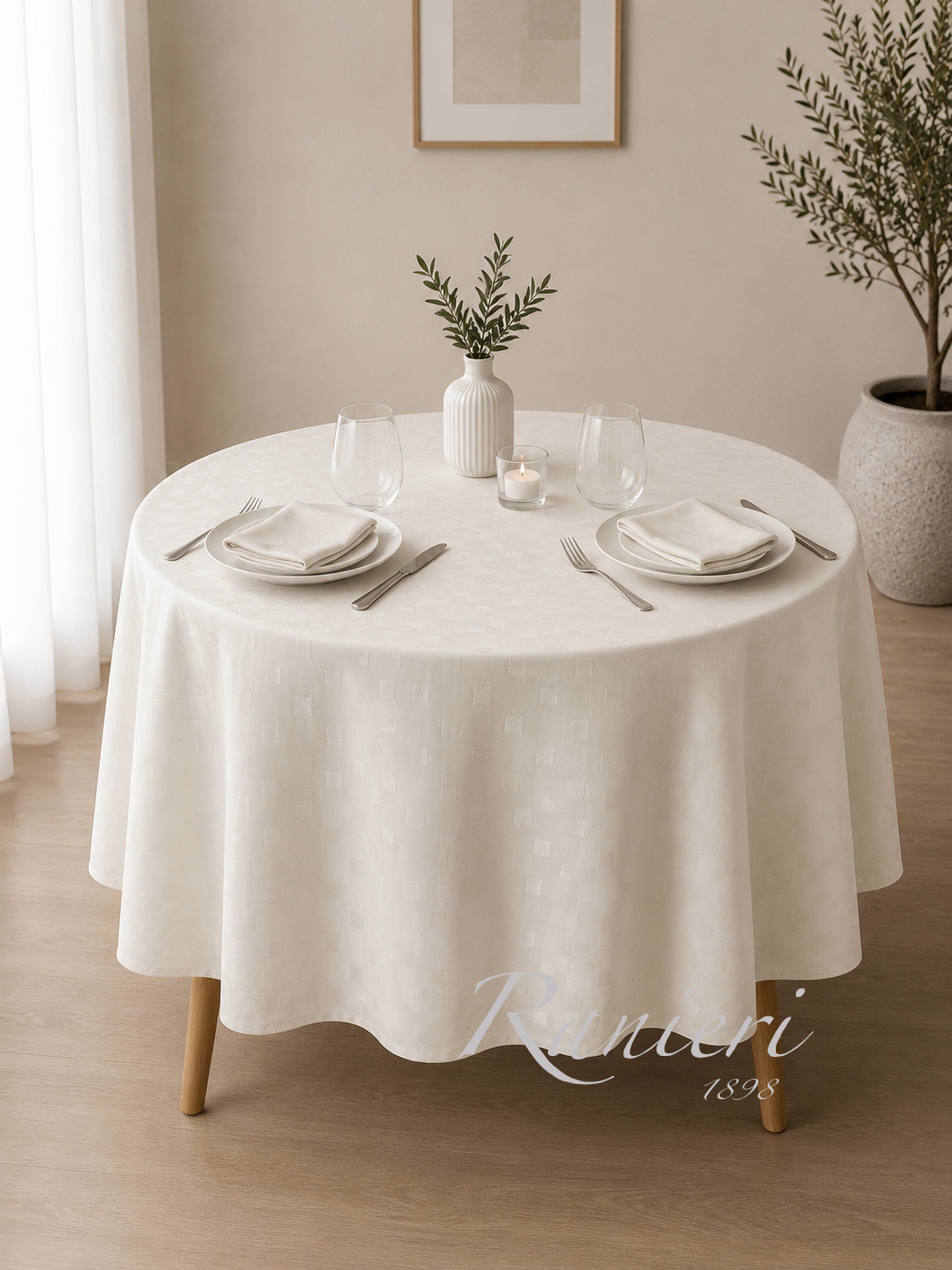 Tovaglia da Tavola Rotonda 8 Posti Ø 180 cm Art. Damina – Maestri Cotonieri – 100% Cotone Made in Italy