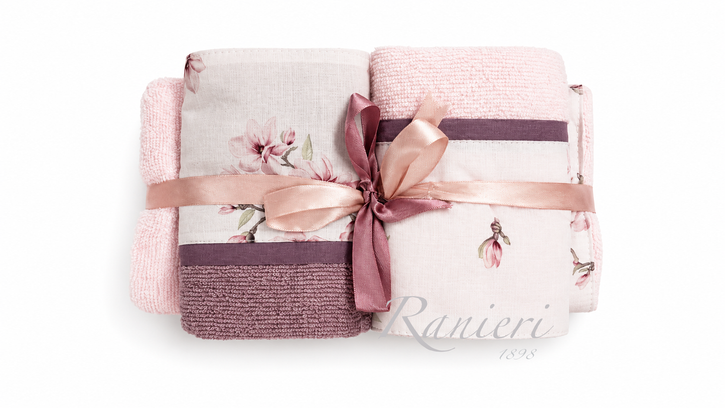 Set Asciugamani 2+2 in Spugna Fantasia Magnolia Rosa – Chiara Fedi