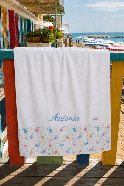 Telo Mare / Telo Bagno Bambino Tessuti d’Amore con Fascia Fantasia Fondo Marino Personalizzabile – 115x80 cm
