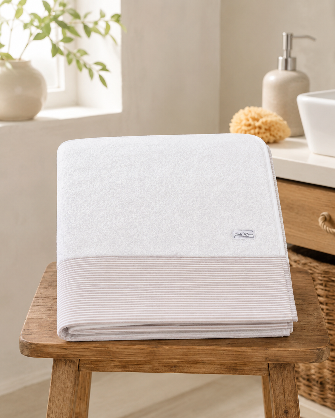 Telo Mare / Telo Bagno Bambino Tessuti d’Amore con Fascia Fantasia Righe Tortora Personalizzabile – 115x80 cm