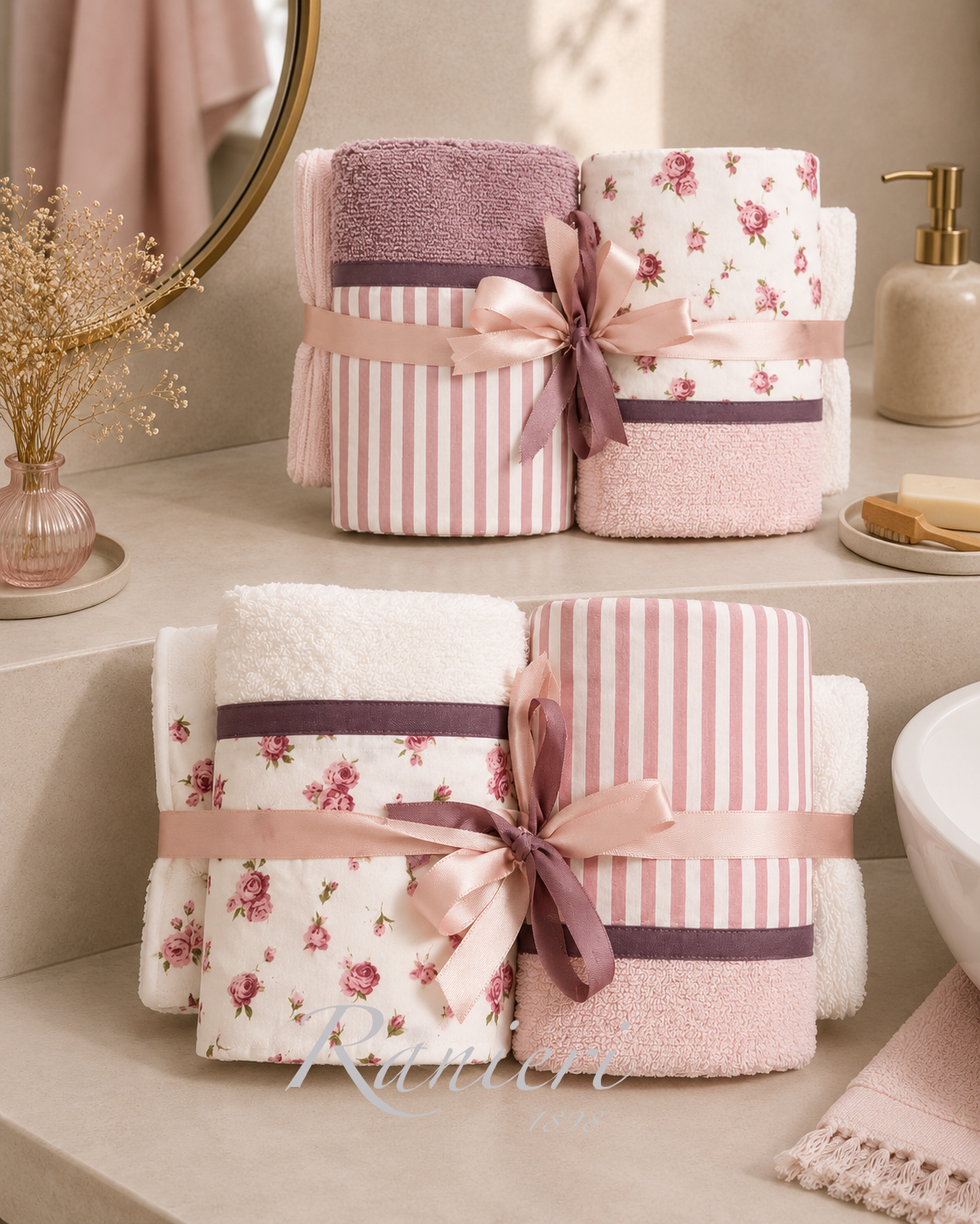 Set Asciugamani 2+2 in Spugna Fantasia Roselline e Righe Rosa – Chiara Fedi