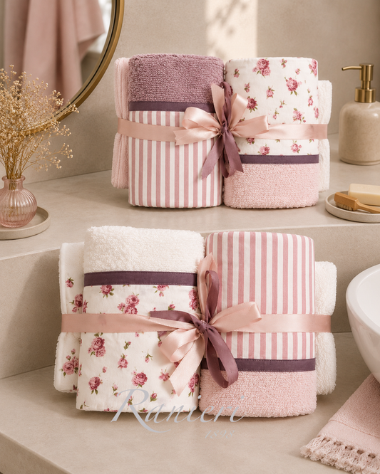 Set Asciugamani 2+2 in Spugna Fantasia Roselline e Righe Rosa – Chiara Fedi