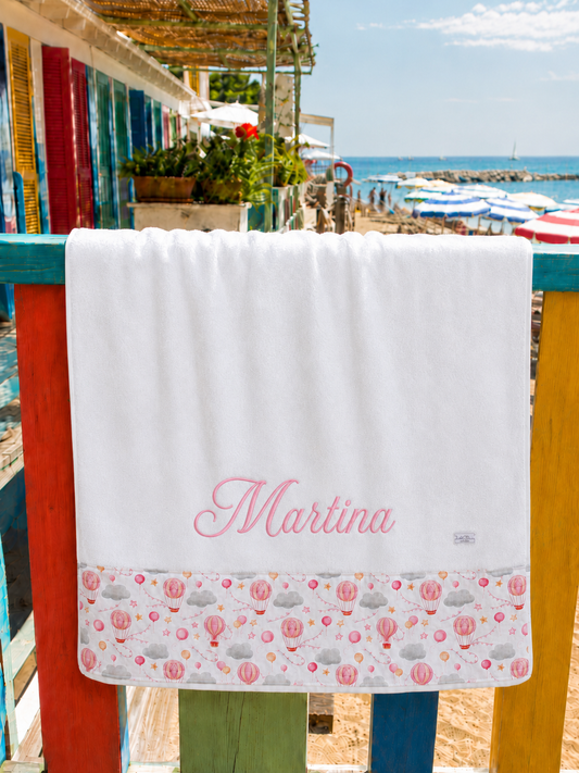 Telo Mare / Telo Bagno Bambino Tessuti d’Amore con Fascia Fantasia Mongolfiere Personalizzabile – 115x80 cm