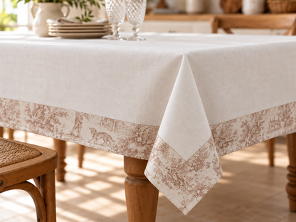 Tovaglia da Tavola 280x145 cm Fantasia Toile de Jouy con Balza 12 cm Tessuti d'Amore – 12 Posti – 2 Varianti