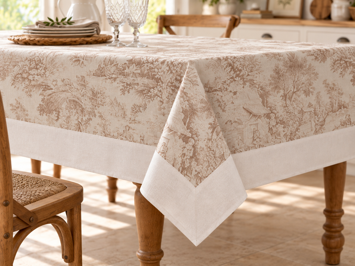 Tovaglia da Tavola 280x145 cm Fantasia Toile de Jouy con Balza 12 cm Tessuti d'Amore – 12 Posti – 2 Varianti