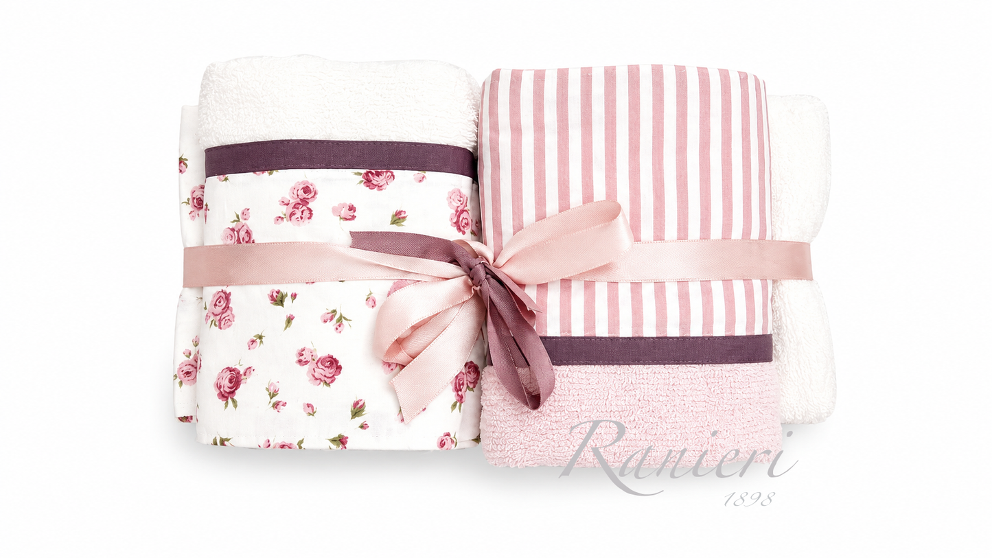 Set Asciugamani 2+2 in Spugna Fantasia Roselline e Righe Rosa – Chiara Fedi