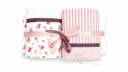 Set Asciugamani 2+2 in Spugna Fantasia Roselline e Righe Rosa – Chiara Fedi