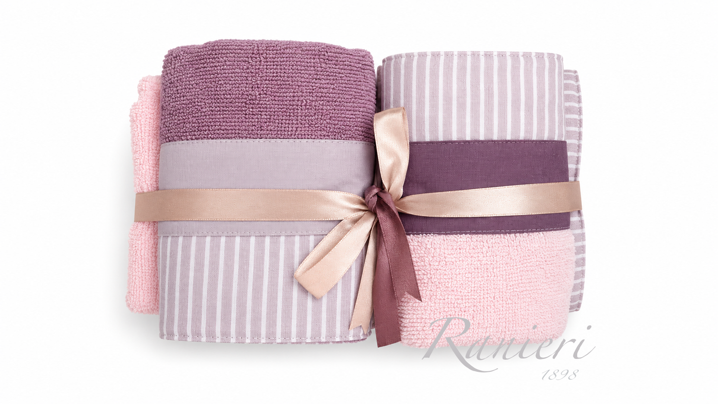 Set Asciugamani 2+2 in Spugna Fantasia Righe Lilla e Rosa – Chiara Fedi