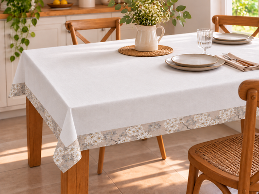 Tovaglia da Tavola 280x145 cm con Balza Floreale Beige Tessuti d'Amore – 12 Posti – Cotone
