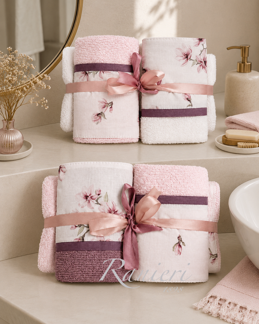 Set Asciugamani 2+2 in Spugna Fantasia Magnolia Rosa – Chiara Fedi