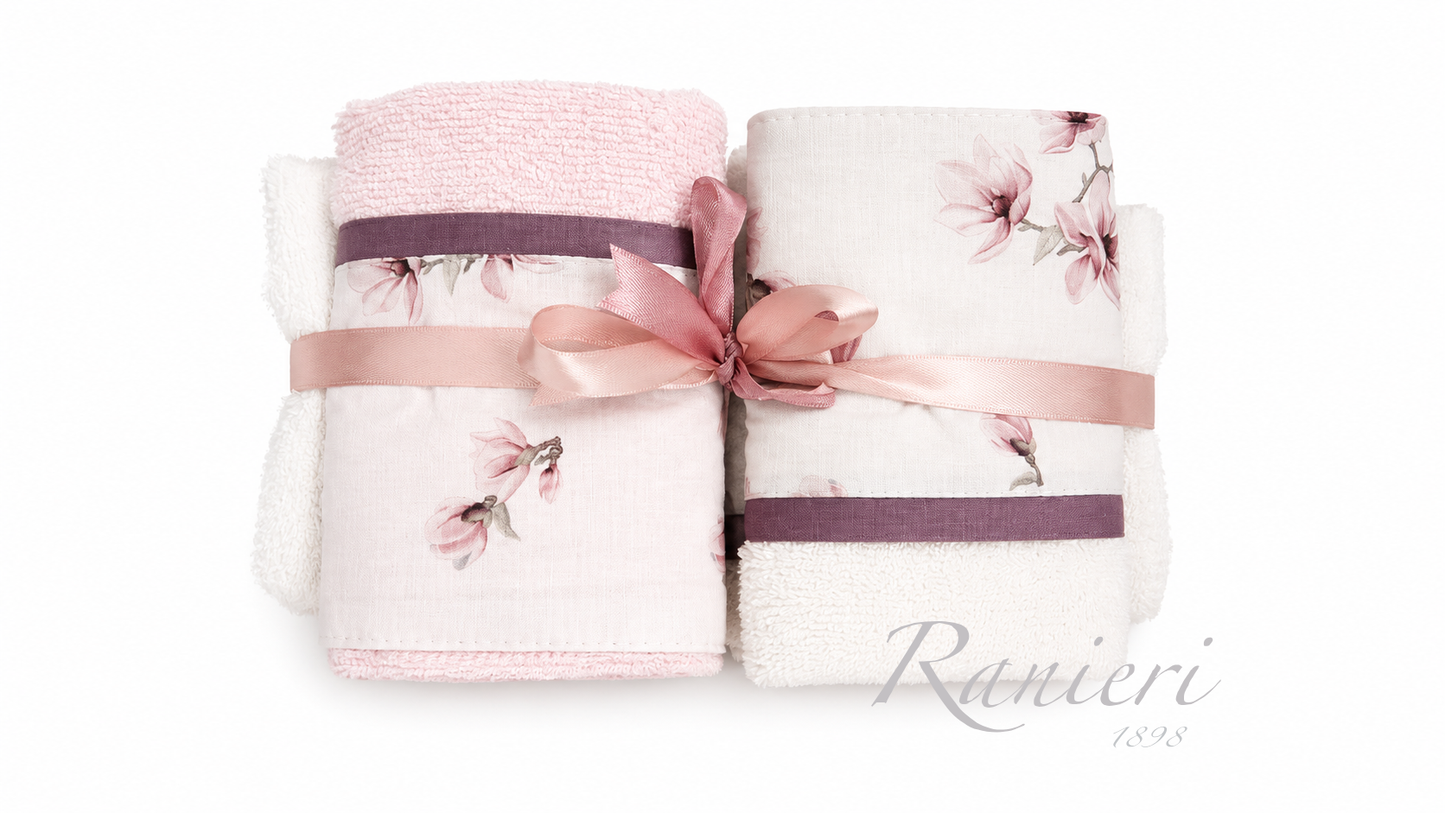 Set Asciugamani 2+2 in Spugna Fantasia Magnolia Rosa – Chiara Fedi