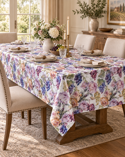Tovaglia da Tavola 12 Posti Tessuti d’Amore Art. Rose & Uva – 100% Cotone 140x280 cm