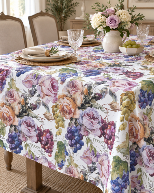 Tovaglia da Tavola 12 Posti Tessuti d’Amore Art. Rose & Uva – 100% Cotone 140x280 cm