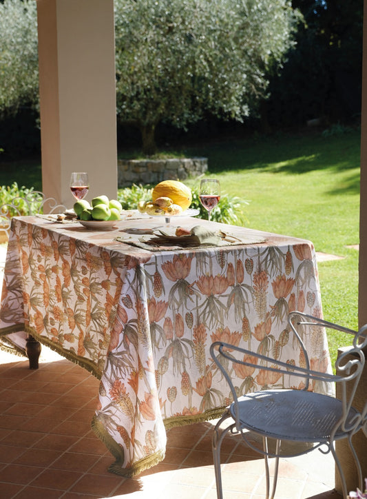 Tovaglia da Tavola 12 Posti Apulia – Petracchi 1968 | Cotone Fantasia Floreale con Frange – 170×270 cm