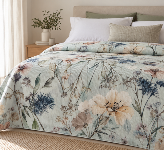Copriletto Matrimoniale in Piquet 100% Cotone Arconate – Stampa Digitale Floreale 270x270 cm