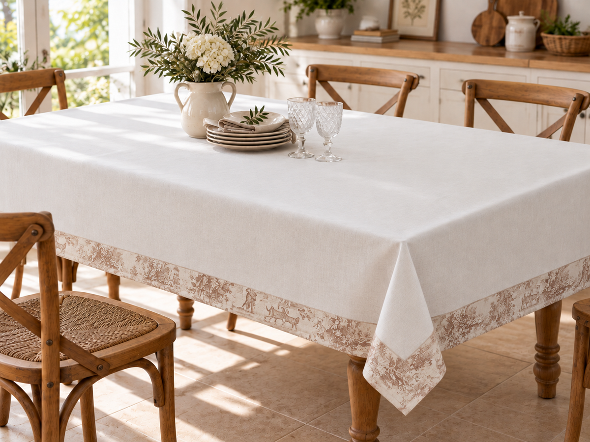 Tovaglia da Tavola 280x145 cm Fantasia Toile de Jouy con Balza 12 cm Tessuti d'Amore – 12 Posti – 2 Varianti
