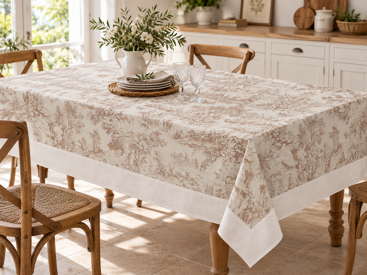 Tovaglia da Tavola 280x145 cm Fantasia Toile de Jouy con Balza 12 cm Tessuti d'Amore – 12 Posti – 2 Varianti