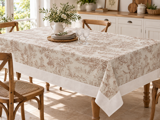 Tovaglia da Tavola 280x145 cm Fantasia Toile de Jouy con Balza 12 cm Tessuti d'Amore – 12 Posti – 2 Varianti