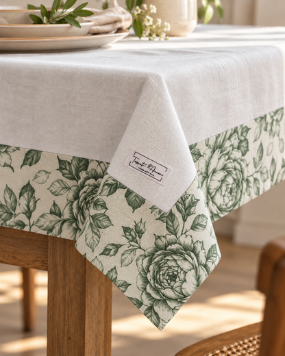 Tovaglia da Tavola 280x145 cm con Balza Floreale Verde Tessuti d'Amore – 12 Posti – 100% Cotone