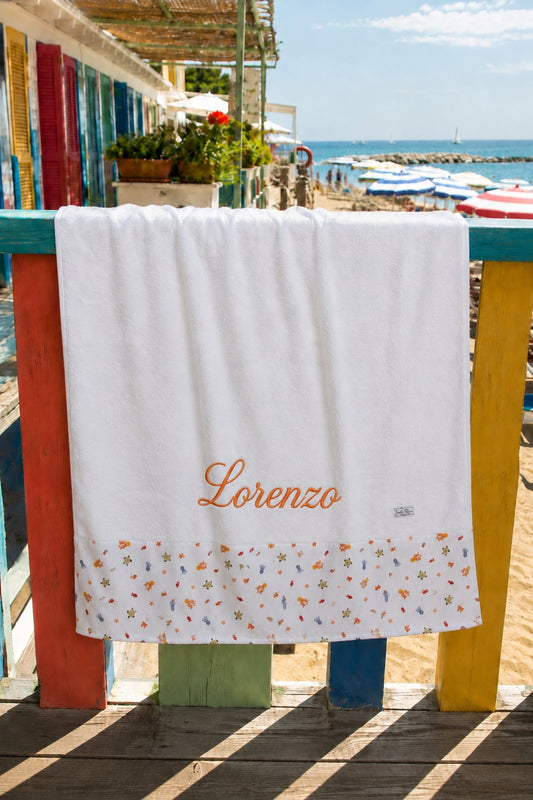 Telo Mare / Telo Bagno Bambino Tessuti d’Amore cm con Fascia Fantasia Mare Personalizzabile – 115x80 cm